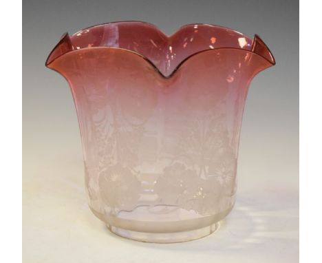 Late 19th/early 20th Century pink glass oil lamp shade having etched foliate decoration   Condition: 
