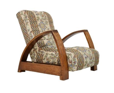 1930's period Art Deco oak framed easy armchair attributed to Heal's, the one piece upholstered back and seat between triangu