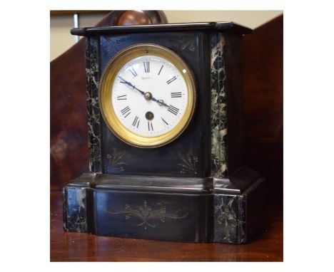 Late 19th Century black slate cased mantel clock, the white enamel dial with Roman numerals, French brass movement   Conditio