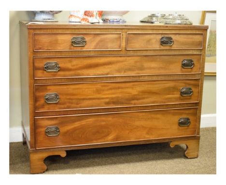 Reproduction Georgian style inlaid mahogany chest of two short and three long graduated drawers on bracket feet   Condition: 