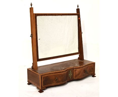 George III style inlaid mahogany swing dressing mirror, the plain rectangular plate between square section uprights with urn 