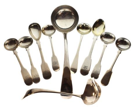 Edward VII silver Old English pattern sauce ladle, London 1906, together with various silver salt and mustard spoons, combine