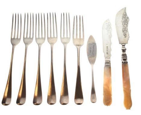 Matched set of silver dessert forks, 5 x Sheffield 1912 and 1 x London 1813, combined weight 9.8oz approx, together with thre