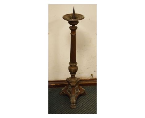 Brass alloy pricket candlestick with reeded column on triangular base with paw feet   Condition: 