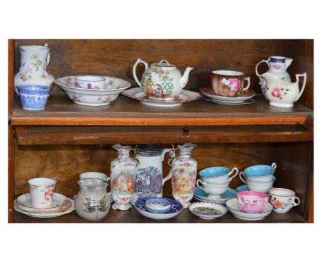 Selection of assorted ceramics to include; Caughley mask head jug, early 19th Century puce transfer printed cup and saucer, V