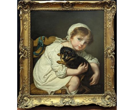After Jean-Baptiste Greuze, Portrait of a girl holding a dog, oil on canvas, H.65cm W.53.5cm