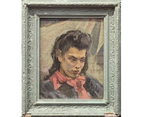 20th century British School, RAF wartime portrait of a lady, 1944, oil on board, inscription to verso, within blue frame H.34