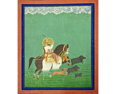19th century Indian School, Maharaja boar hunting scene, Jodhpur, H.33.5cm W.25.5cm