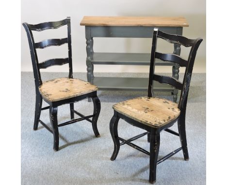 A grey painted hall table, containing two short drawers, 105cm, together with a pair of black painted ladder back dining chai