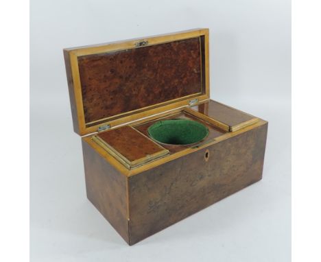 A 19th century burr yew tea caddy, with a fitted interior, 30cm