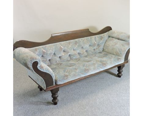 A blue upholstered scroll end sofa, on turned legs, 200cm 