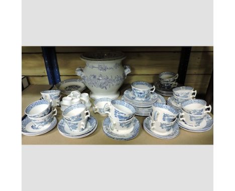 A Yuan pattern blue and white part tea service, together with an egg cruet and a pot