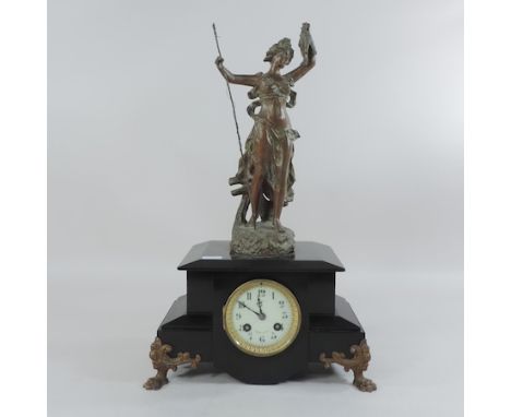 A 19th century French black slate figural mantel clock, 47cm tall 