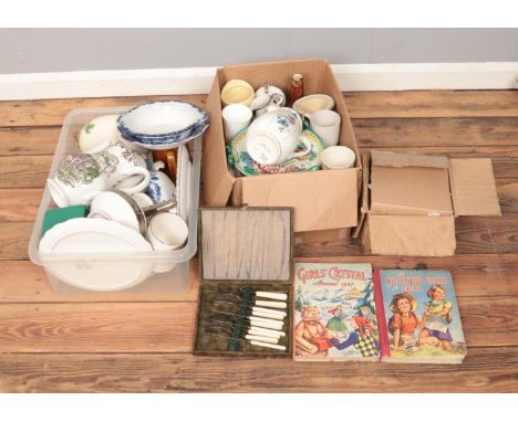 Two boxes of mostly ceramics to include boxed Wedgwood calendar plates, tea pots, Girl's Annual and boxed fork collection.  