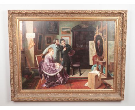 A F Hamlin large gilt framed oil on canvas, interior scene with a painter painting a portrait. Signed  90cm x 121cm.  