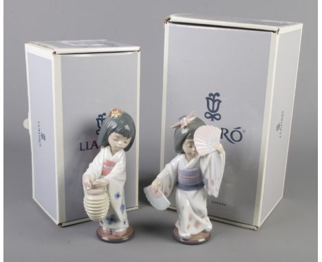 Two boxed Lladro porcelain figures. Includes Oriental Lantern and Oriental Dance.  Oriental Dance figure missing part of stic