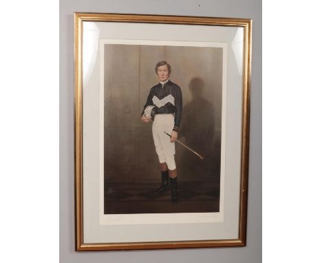 After Raymond L Skipp, a framed limited edition horse racing print, portrait of Lester Piggott, signed in pencil by the jocke