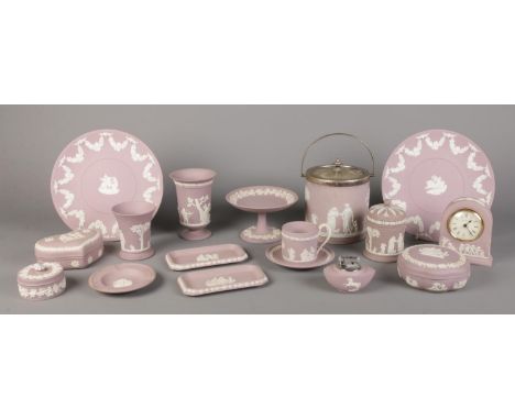 A good collection of Wedgwood Lilac Jasperware ceramics. To include lidded biscuit barrel, cup and saucer, large plates, mant