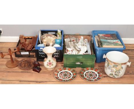 Four boxes of miscellaneous. Including Giles books, vases, glassware, small wooden lidded barrel, large ceramic planter marke