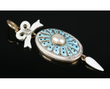 A yellow metal, enamel, diamond and seed pearl pendant. 4.16g.  