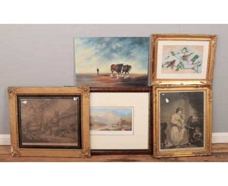 A collection of assorted pictures and prints, to include engraving of 'A Visit to the Donkeys', an oil on board depicting Shi