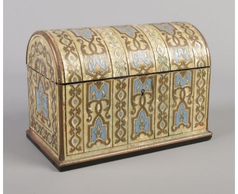 A 19th century dome topped stationary box with mother of pearl, brass and enamel inlaid decoration. Height 13.5cm, Width 19.5