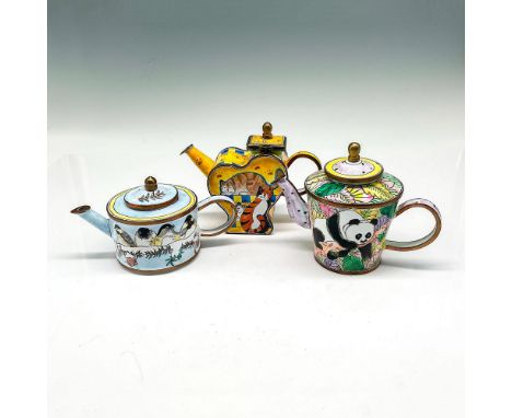 Includes 3 enamel over metal colorful creations of birds on blue background (unmarked), panda on brightly colored background 