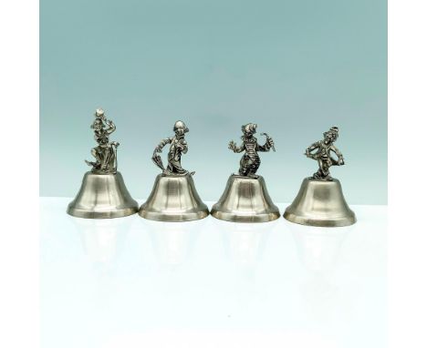 An amusing set of four metal bells with a unique clown-shaped handle for each one, adding a playful and festive touch to thei