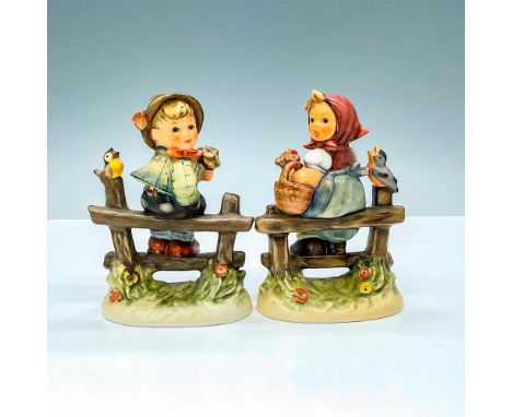 2 Hummel figurines titled Where Are You? HUM427 3/0 depicts a boy patiently waiting on a fence with flowers and Pay Attention