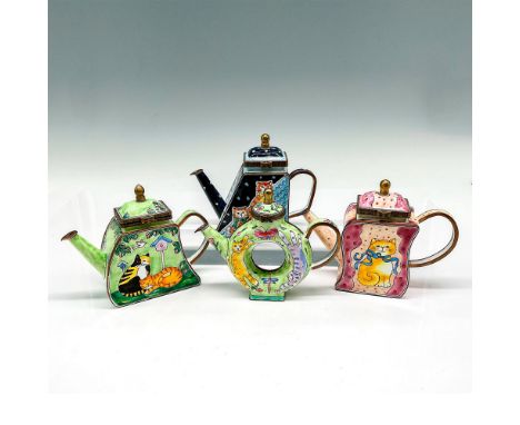This sweet line of miniature lidded teapots are enamel over metal and have cat themes with a variety of color backgrounds. Pi