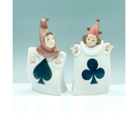 A blue, white, and pink colored pair of figures that have card bodies and have the ace of spade or the ace of clubs in their 