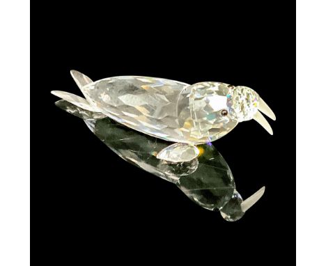 Faceted clear cut crystal with frosted tusks and black beaded eyes. This item has its original box. Swarovski backstamp. Box 