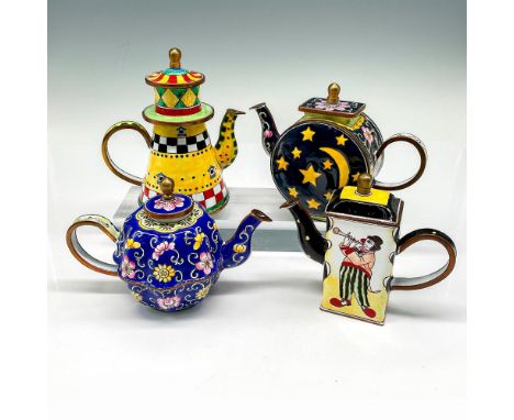 Lovely enamel over metal on these brightly colored pots, includes Clown with Horn #311, cobalt blue with floral design #824, 