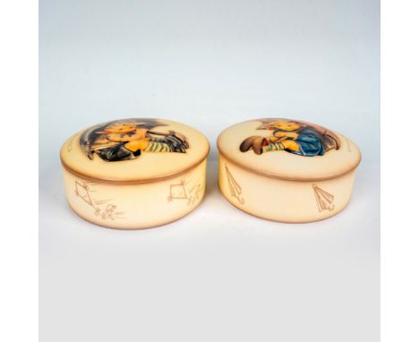 Hand painted in matte finish round boxes. Boxes feature 'Umbrella Girl' and 'Umbrella Boy' with kites and parasol surrounding