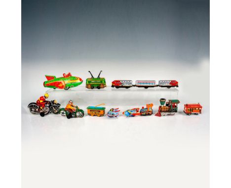 Large toy grouping highlighted by the retro-style tin lithographed mechanical friction-powered DUNLOP-CORD motorcycle racer t