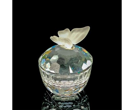 Faceted clear cut crystal with frosted butterfly on lid. Swarovski backstamp. This item has its original box. Box measures 5"