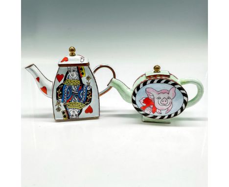 Colorful, whimsical design of enamel over metal teapots - Royal playing cards (4"L x 1.5"W x 3.5"H) and lime green pot with r