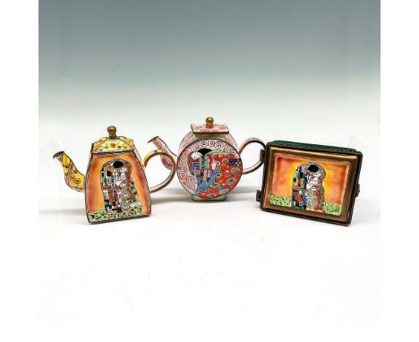 Includes 2 teapots (#662 &amp; 1812) and 1 trinket box (#974) enamel over metal attributed to famous artworks by Klimt includ