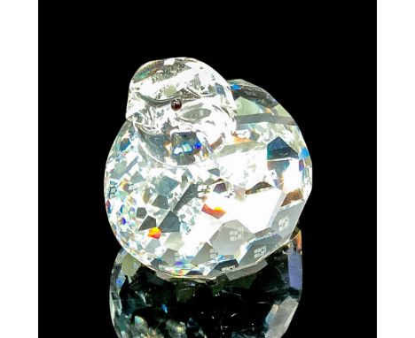 Faceted clear cut crystal, with black-colored beaded eyes. Swarovski backstamp. This item has its original box. Box measures 