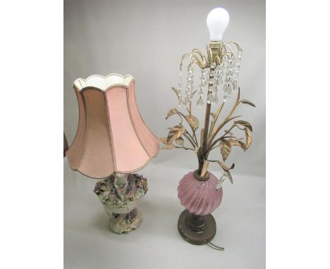 Capodimonte table lamp H68cm (base A/F) and an art glass and gilt metal table lamp with faceted crystal drops H86cm 