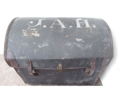 Large black canvas trunk with lid marked JAH W78cm D55cm H63cm, another wooden bound trunk (2) 