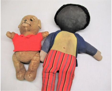 Vintage Chad Valley Golly H61cm and a vintage gold plush teddy bear in hand knitted sweater H34cm (2) 