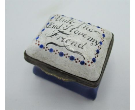 Late C18th/early C19th Battersea type enamel rectangular patch box with cushion lid, with dedication: "Unto The End, I Love M