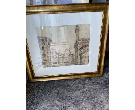 After Gaspare Vanvitelli "Firenze Piazza Della Signora", colour print, 35cm x 53cm, and a contemporary abstract print in silv