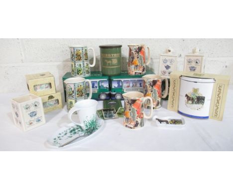 Collection of Ringtons including jugs, tea caddy?s fridge magnets, two tea tins, Trainling Jry cup and saucer, Trailing Rose 