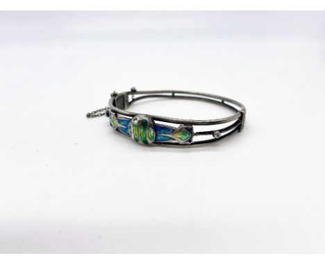 Art Nouveau hallmarked Sterling silver and enamel hinged bangle with safety chain by Abrahall &amp; Bint, Birmingham, 1909, g