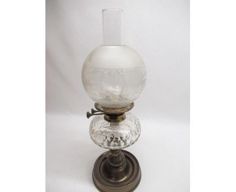 Late C19th- early C20th Bright &amp; Butler oil lamp, faceted clear glass reservoir on single spiral twist brass base with ci