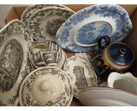 C20th Leeds part tea and dinner service, sepia printed with figures by a country house, first produced by Masons 1932, a pair