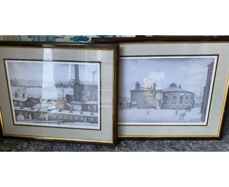 After Laurence Stephen Lowry, Procession, colour print laid on canvas 44cm x 60cm and two monochrome Lowry prints, (3) 