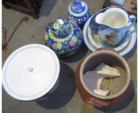 Lidded white enamel bucket, stone glazed urn with two handles, lidded satsuma jar decorated with pink and yellow floral patte